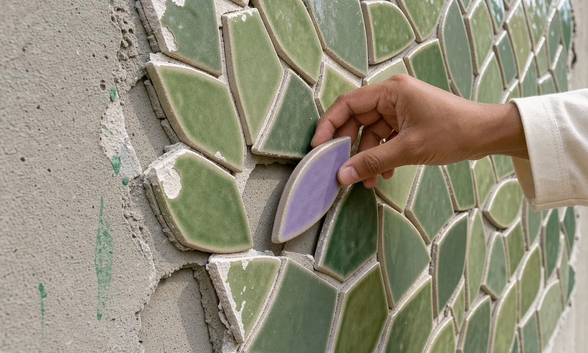 A participant's hand fitting a long lilac ceramic piece among green tiles on a public wall