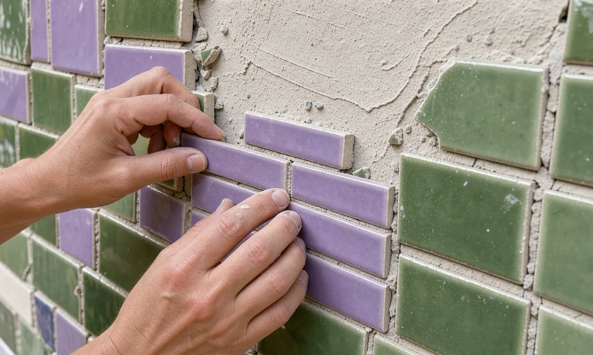 Two hands arranging a small lilac cluster beside green ceramic pieces on an unfinished wall