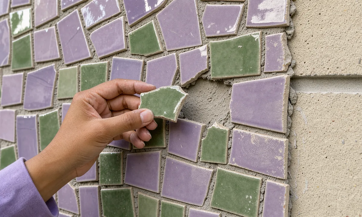 A hand holding a green tile near an open space in a lilac and green outdoor mosaic