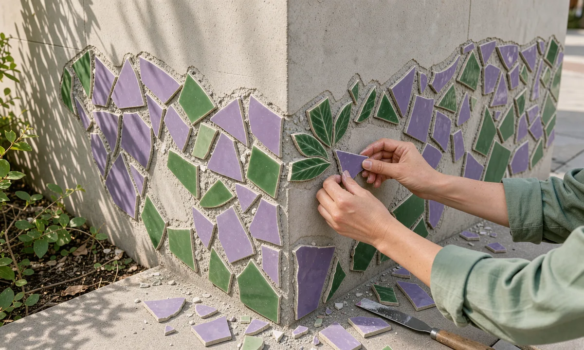 A bright outdoor mosaic continuing around a public wall as a participant adds a lilac piece