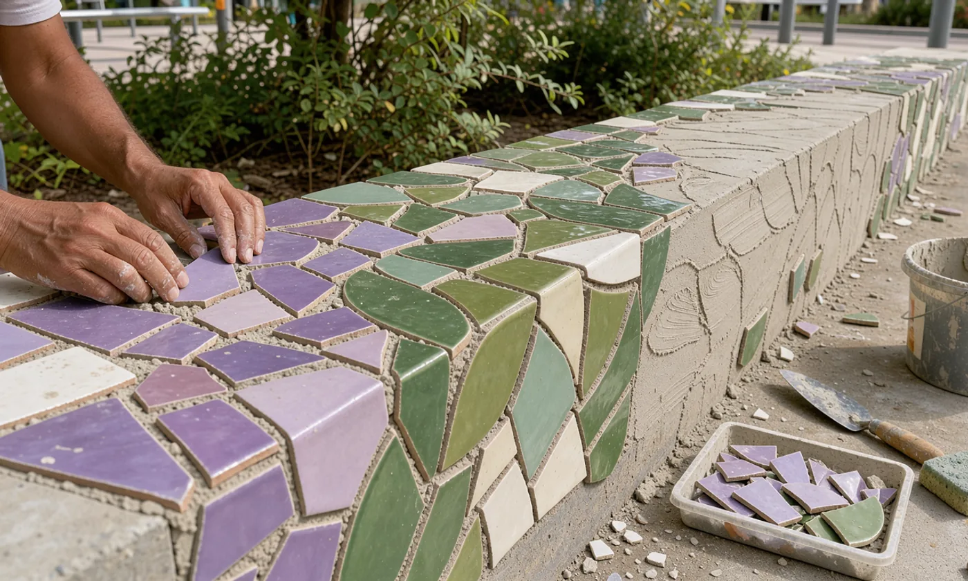 Different lilac and green sections of one public mosaic wall, with a participant working at one edge